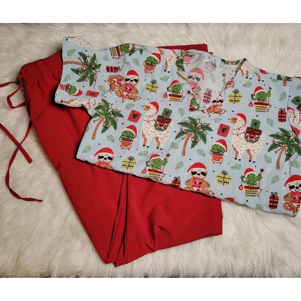 Women's Scrubaid Set Scrub Top & Bottoms Red Pants Christmas Top Size Large